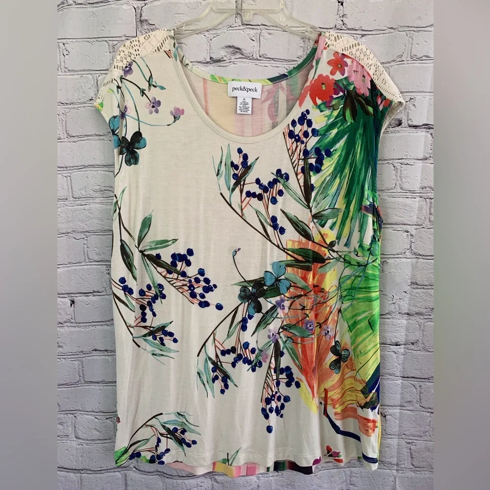 Peck & Peck Women's Tropical Floral Blouse - Cream and Multicolor XL - Picture 1 of 5